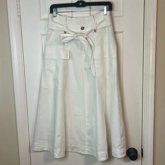 🌷Banana Republic Oversized Pocket Paper Bag Cream Midi A-Line Skirt w/Ti… - Picture 5 of 13